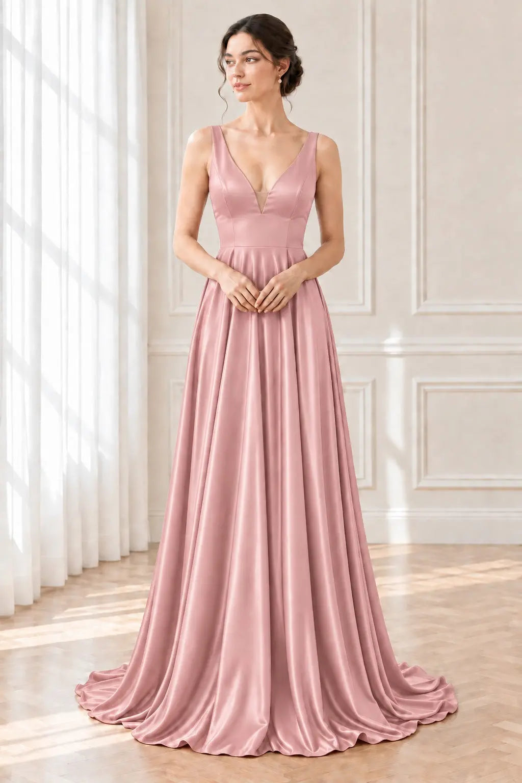 A-line/Princess V Neck Sleeveless Sweep Train Charmeuse Prom Dresses