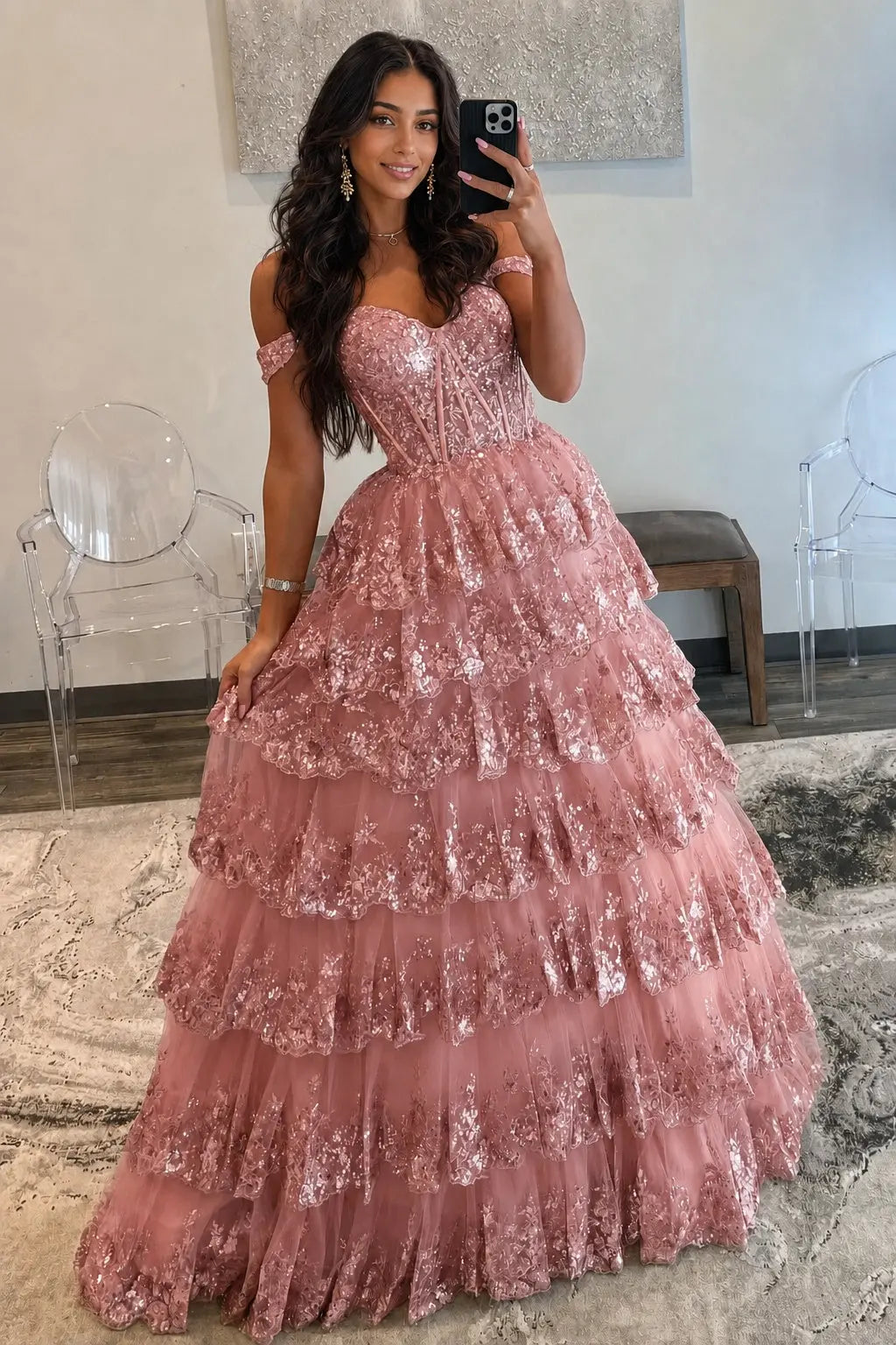 A-Line/Princess Princess Off the Shoulder Sequined Lace Prom Dress KAIDRESS