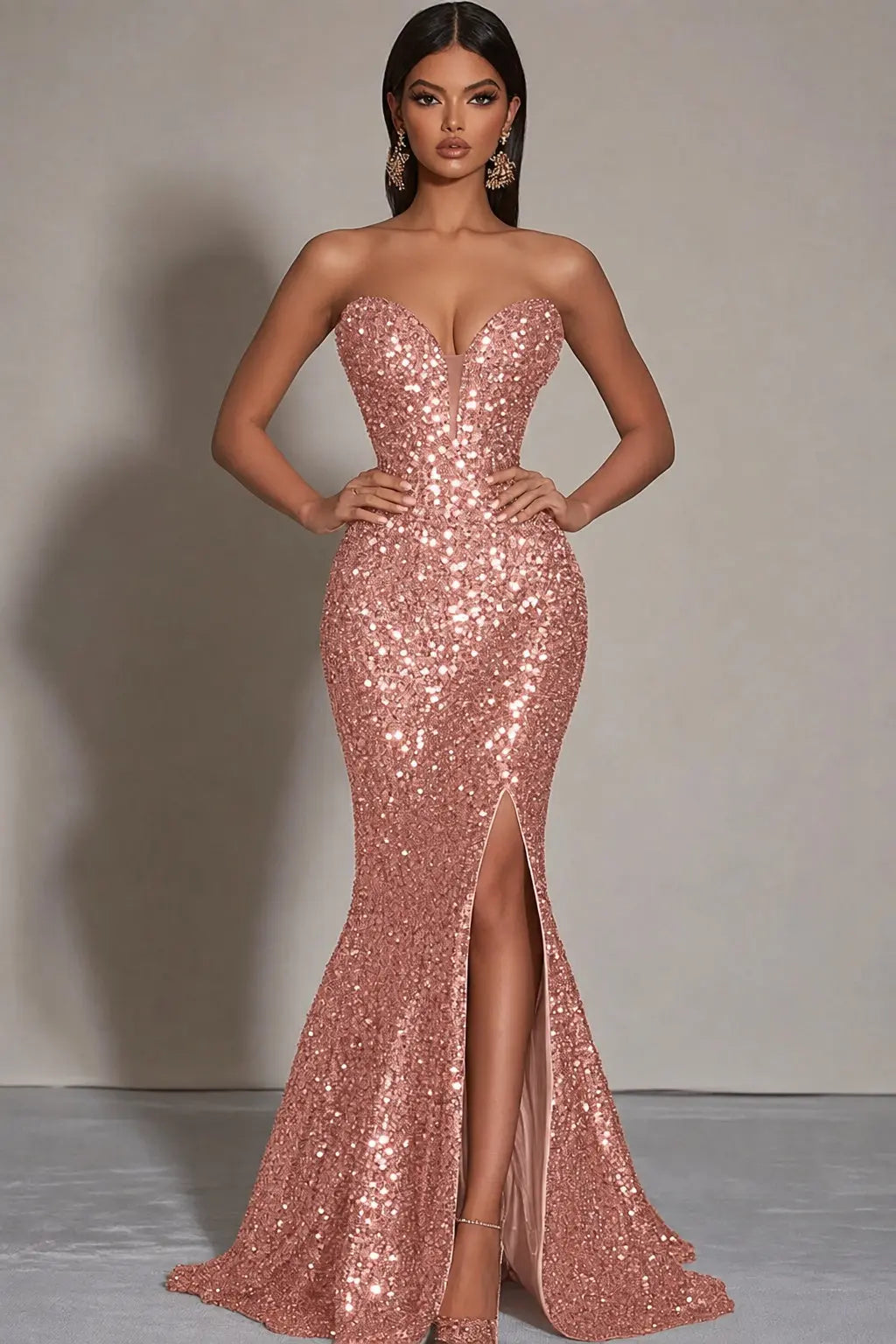 Sparkly Gold Sequins Mermaid Strapless Long Formal Dress with Slit Kaidress
