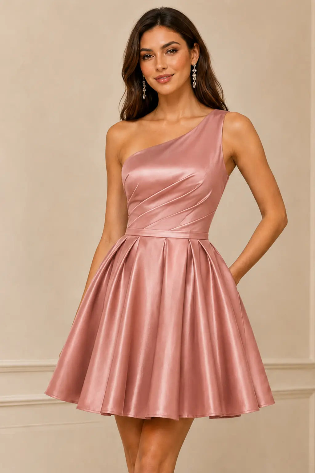 Green One Shoulder Satin Mini A Line Homecoming Dress With Pockets KAIDRESS
