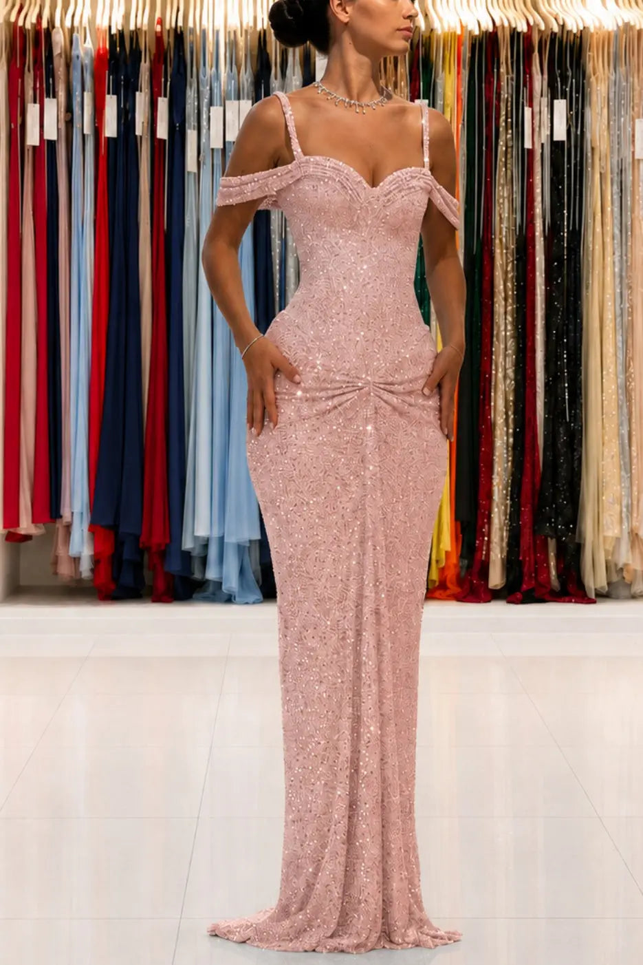 Luxury Sparkly Lace Off-Shoulder Long Beaded Prom Gown with Slender Straps KAIDRESS