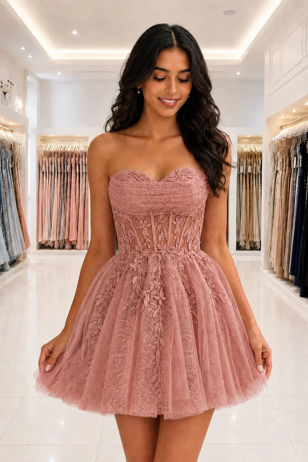 Strapless Beaded Lace Corset A-Line Mini Homecoming Dress KAIDRESS