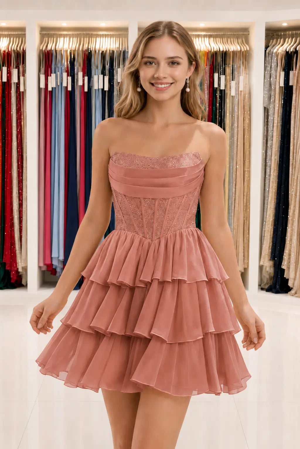Daffodil Strapless Corset Tiered Ruffle Mini Homecoming Dress With Beading KAIDRESS