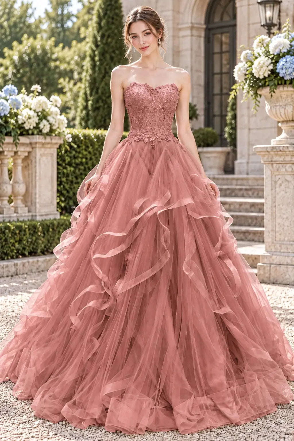Blue Tulle Lace Long Prom Dresses Princess Layered Formal Evening Gowns