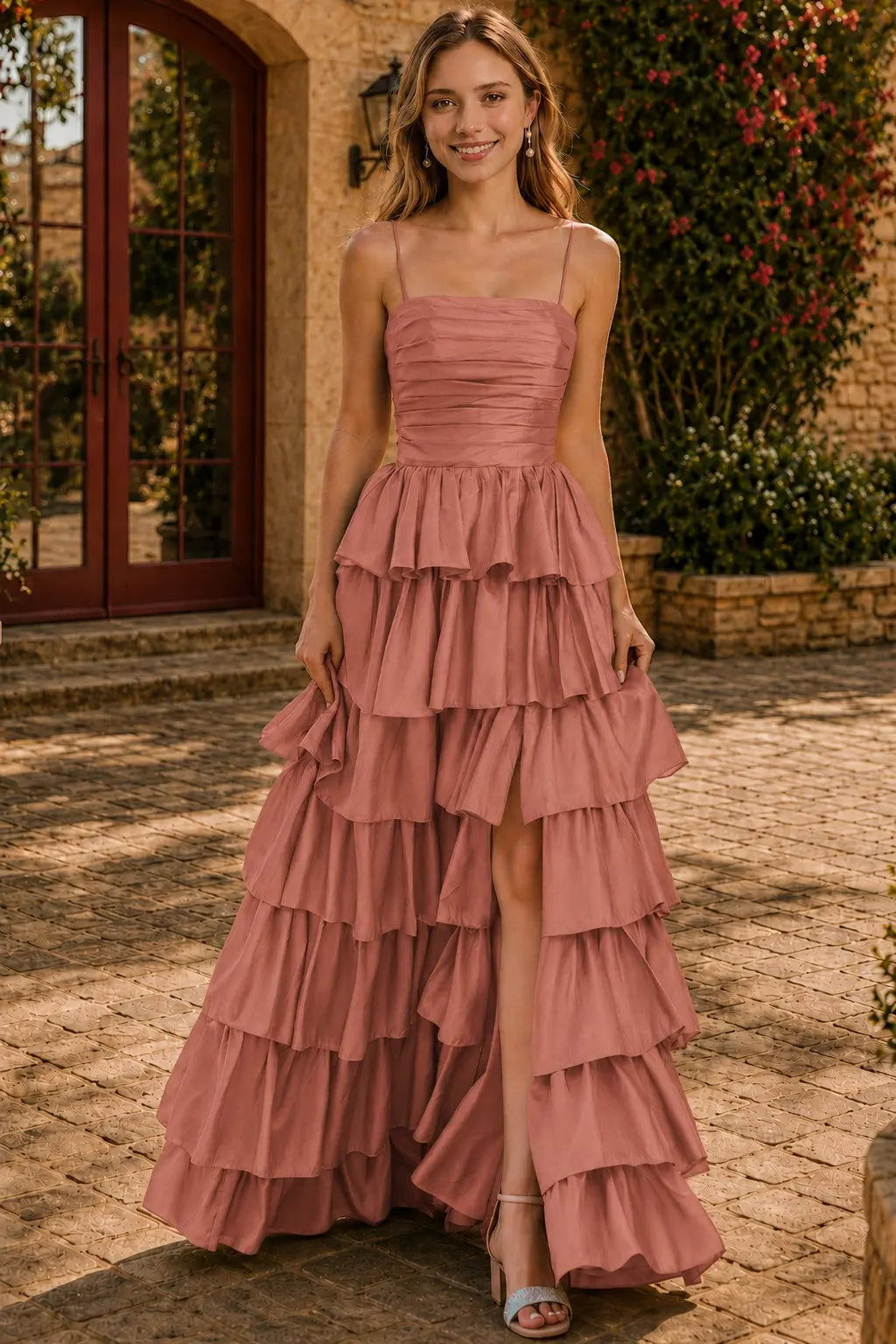 A-line Square Neckline Spaghetti Straps Floor-Length Taffeta Prom Dress with Ruffles Slit KAIDRESS