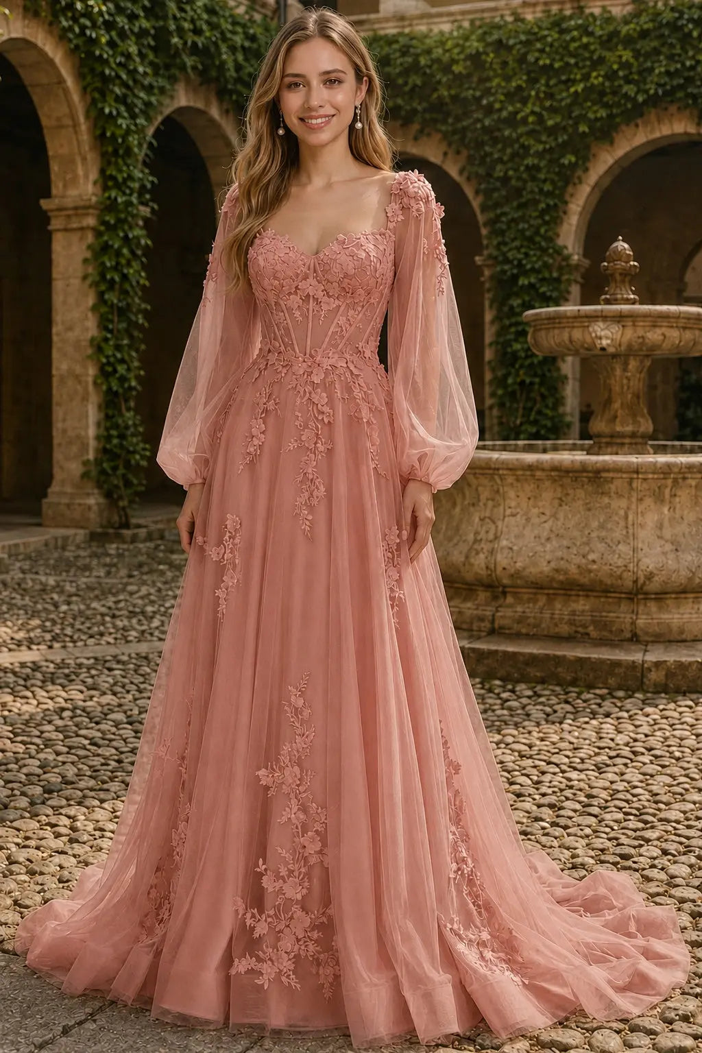 A-line 3D Floral Lace Applique Tulle Long Sleeves Prom Dress