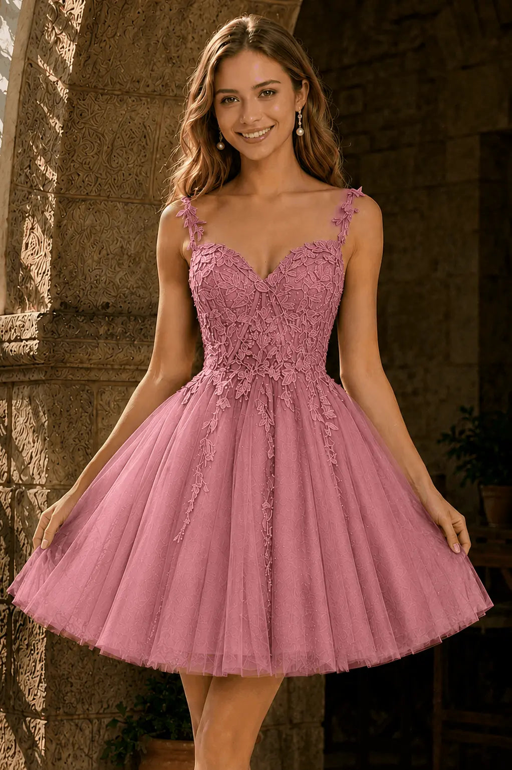 A-line V Neck Short/Mini Tulle Lace Homecoming Dress