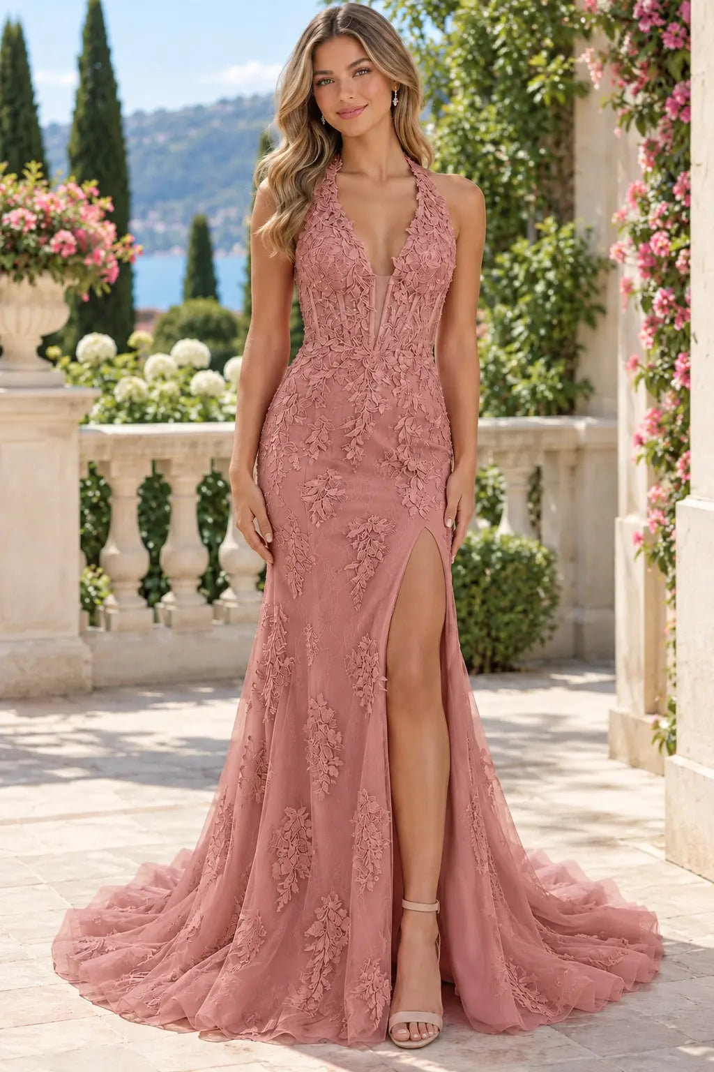 Trumpet/Mermaid V-Neck Tulle Lace Sleeveless Long Prom Dress