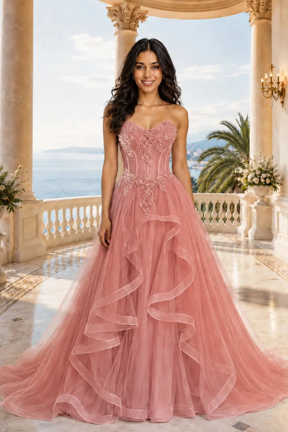 A-line/Princess Sweetheart Sleeveless Sweep Train Tulle Prom Dresses With Beading Appliqued KAIDRESS