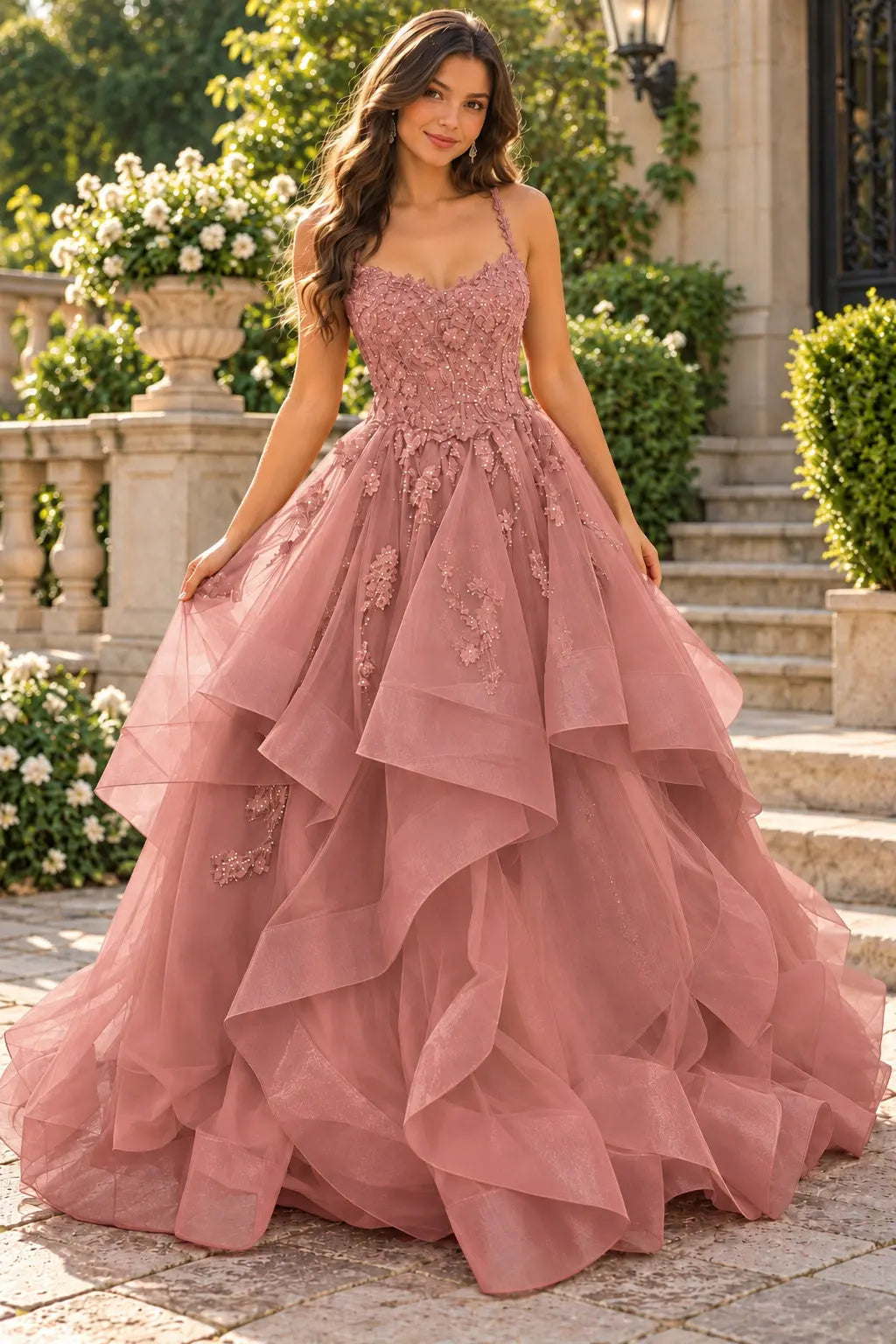A-line Princess V Neck Floor-Length Tulle Prom Dresses with Appliqued