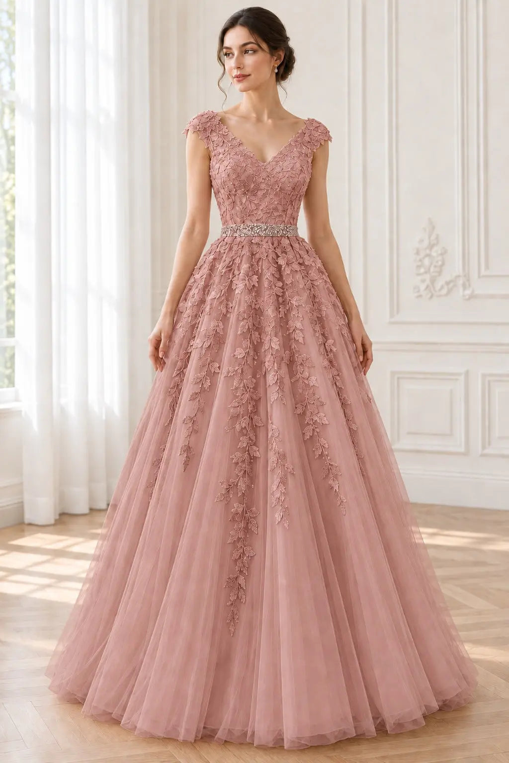A-Line/Princess V-Neck Sleeveless Floor-Length Applique Tulle Prom Dresses