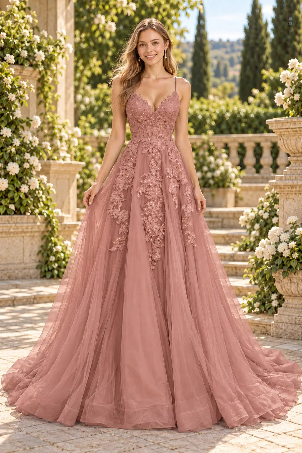 A-line V Neck Spaghetti Straps Sweep Train Tulle Prom Dress With Appliqued