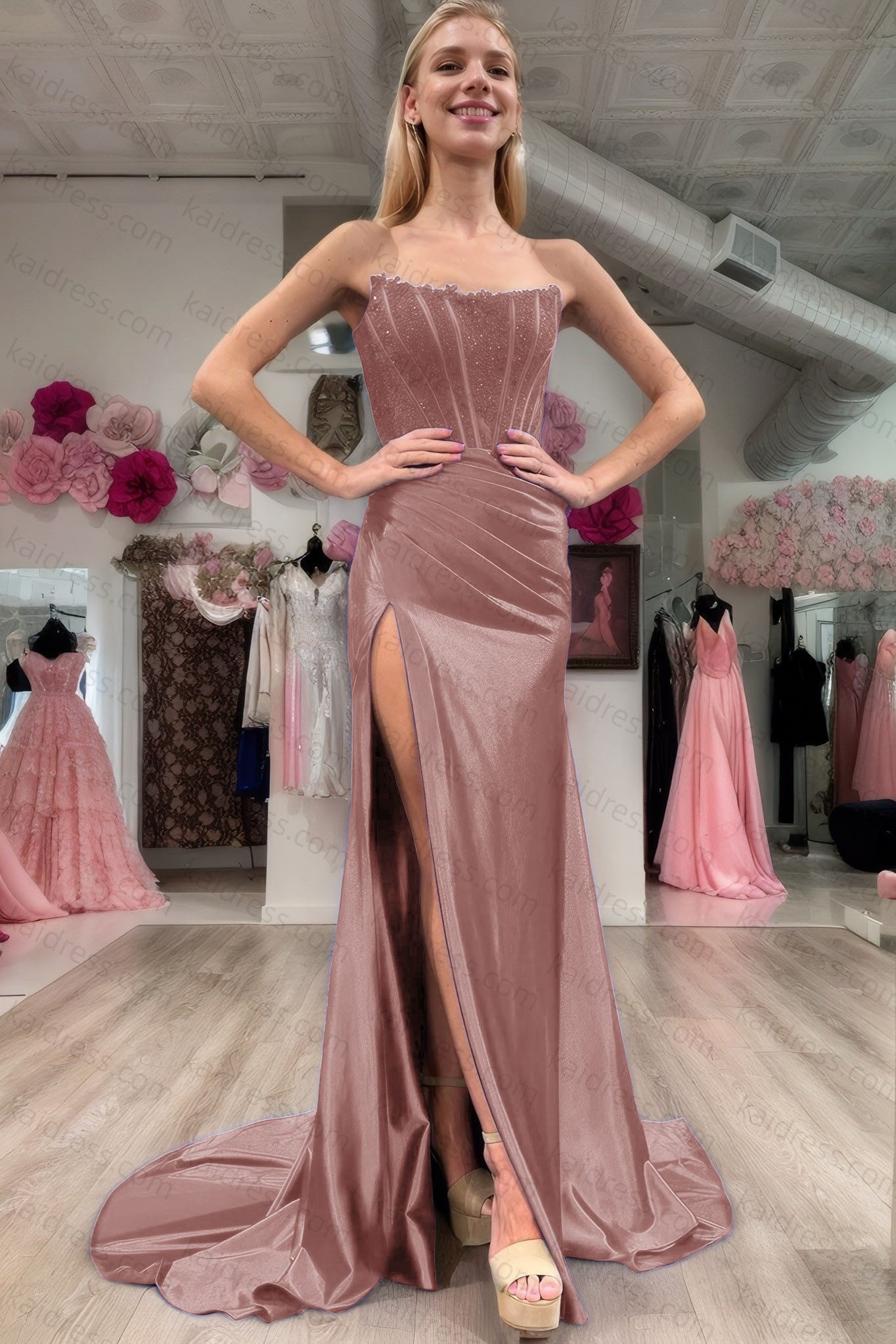 Sheath/Column Elastic Woven Satin Ruched Off-the-Shoulder Sleeveless Sweep/Brush Train Prom Dresses