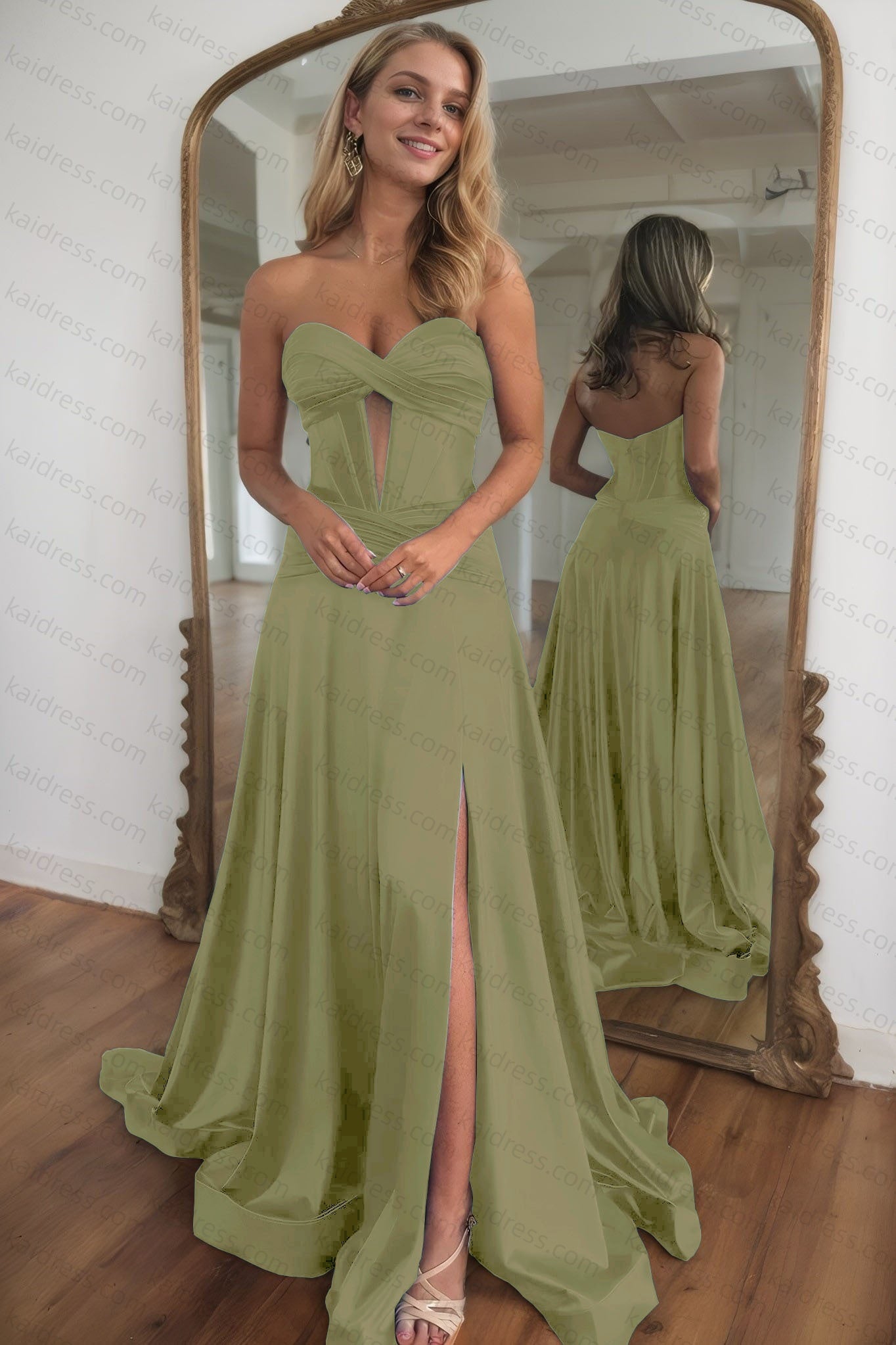 A-line Strapless Silk Long Blue Prom Dresses Elegant Evening Dress