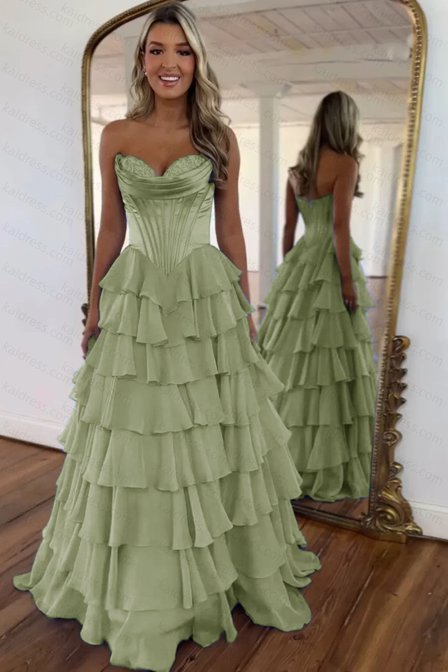 A Line Blue Sweetheart Chiffon Ruffled Long Corset Prom Dress with Slit