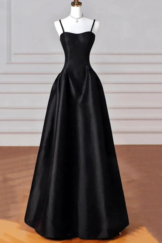 Elegant Black Satin Prom Gown A Line Floor Length Evening Dress