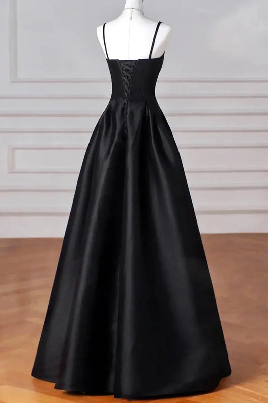 Elegant Black Satin Prom Gown A Line Floor Length Evening Dress