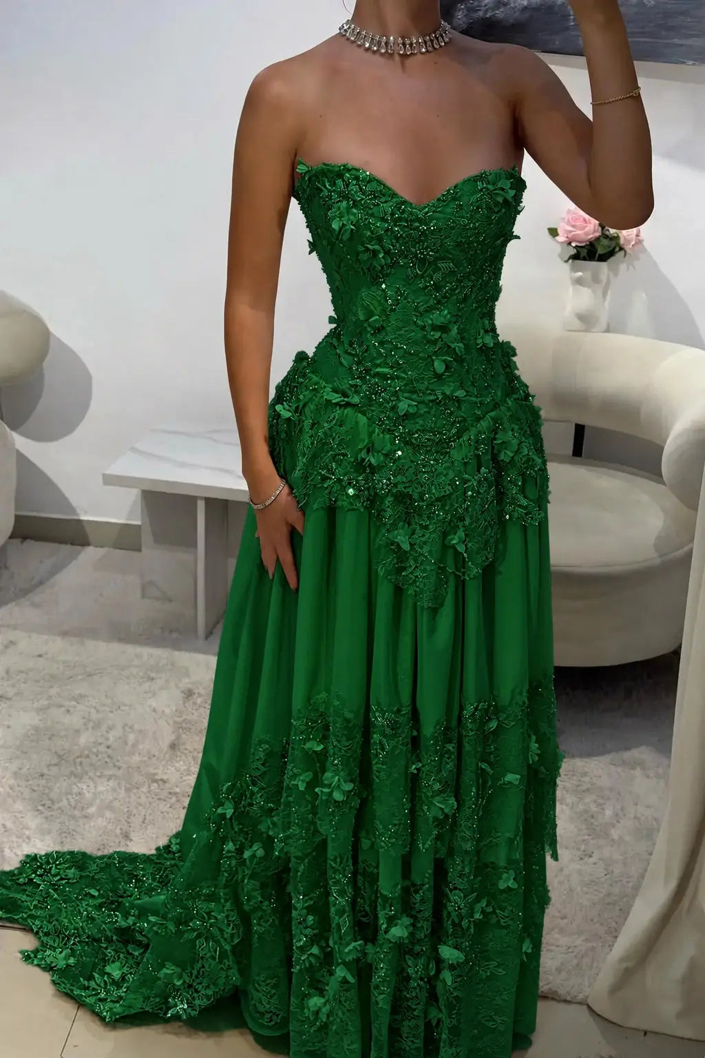 Dreamy Yellow 3D Floral Applique Sweetheart Corset Prom Dress