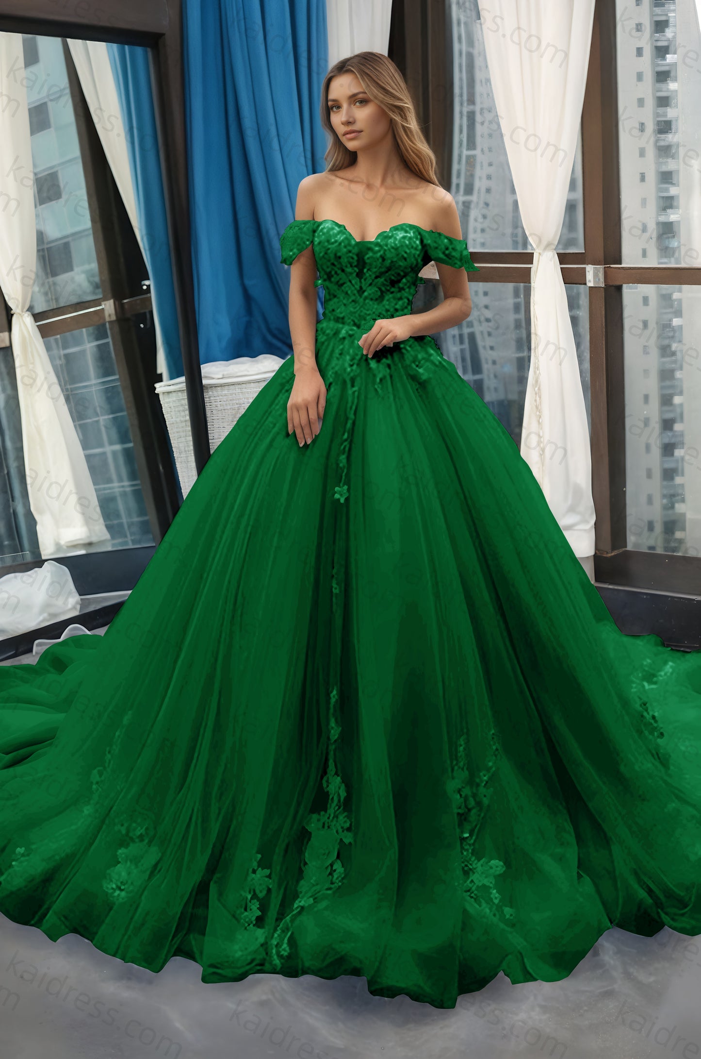 A-Line Off the Shoulder Tulle Applique Long Quinceañera Dresses Blue Formal Prom Dress