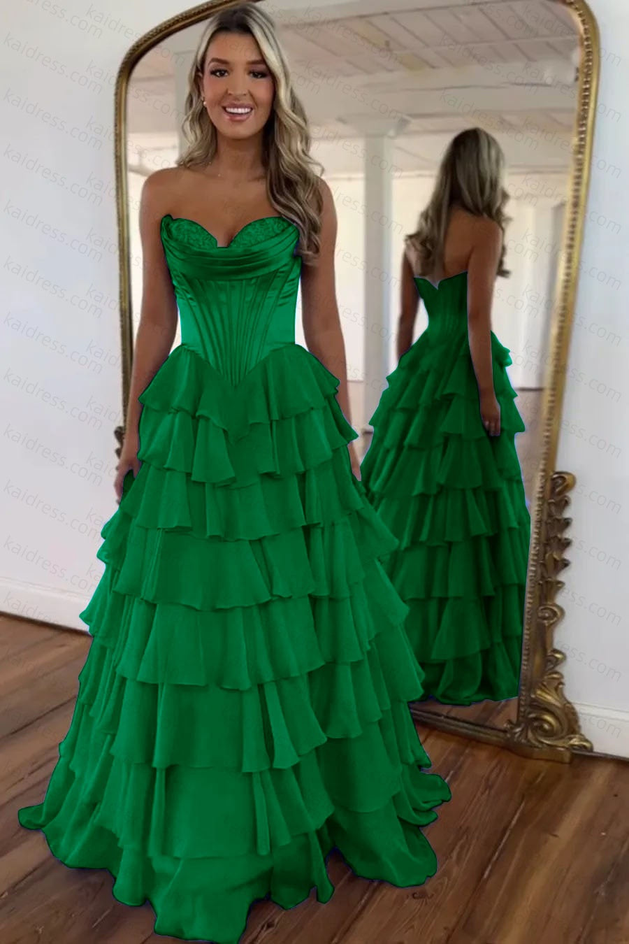 A Line Blue Sweetheart Chiffon Ruffled Long Corset Prom Dress with Slit
