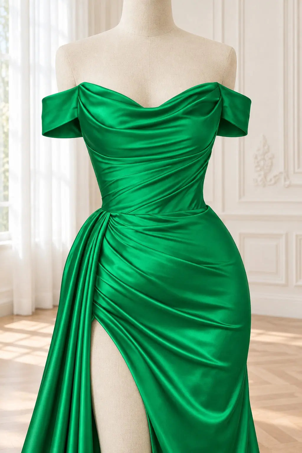 Emerald Green Satin Off-Shoulder Ruched Prom Dress with High Side Slit