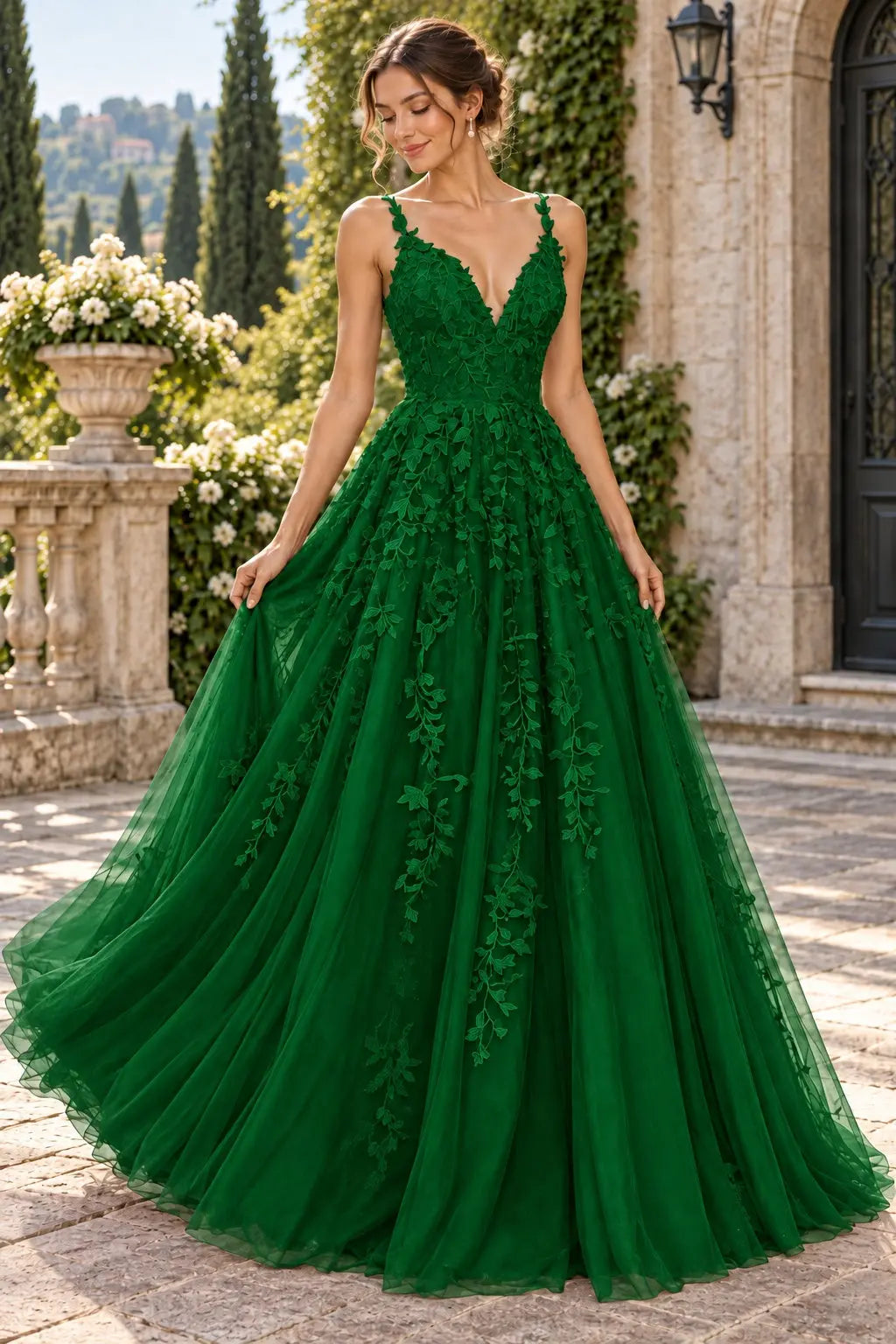 A-Line Lace Prom Dresses Long V Neck Sleeveless Formal Maxi Dress