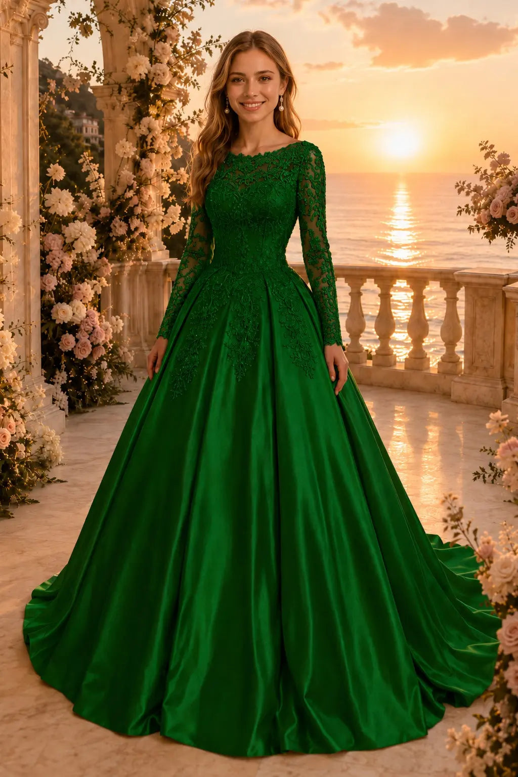 Ball Gown Long Sleeves Off-the-Shoulder Chapel Train Applique Satin Prom Dresses Kaidress
