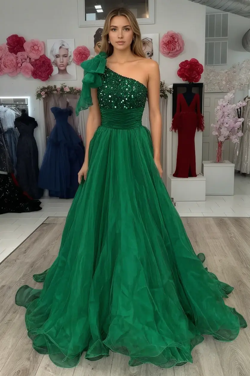 A Line Sparkly Sky Blue One Shoulder Long Prom Dress with Beading KAIDRESS