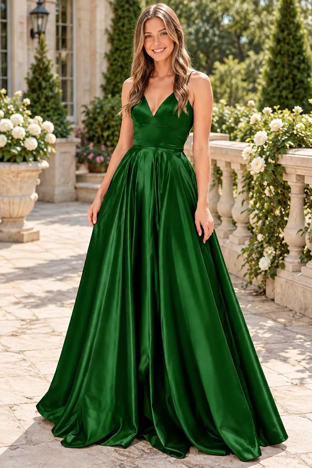 Satin Green Simple Prom Dresses Princess Long V Neck Formal Evening Gowns