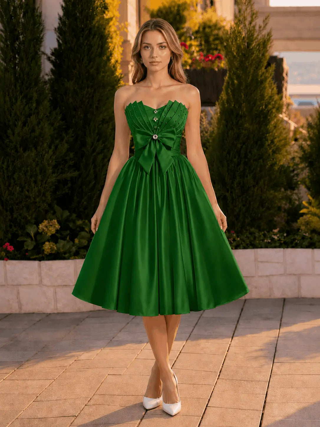 A-line Sweetheart Sleeveless Knee-Length Satin Homecoming Dress with Bow KAIDRESS