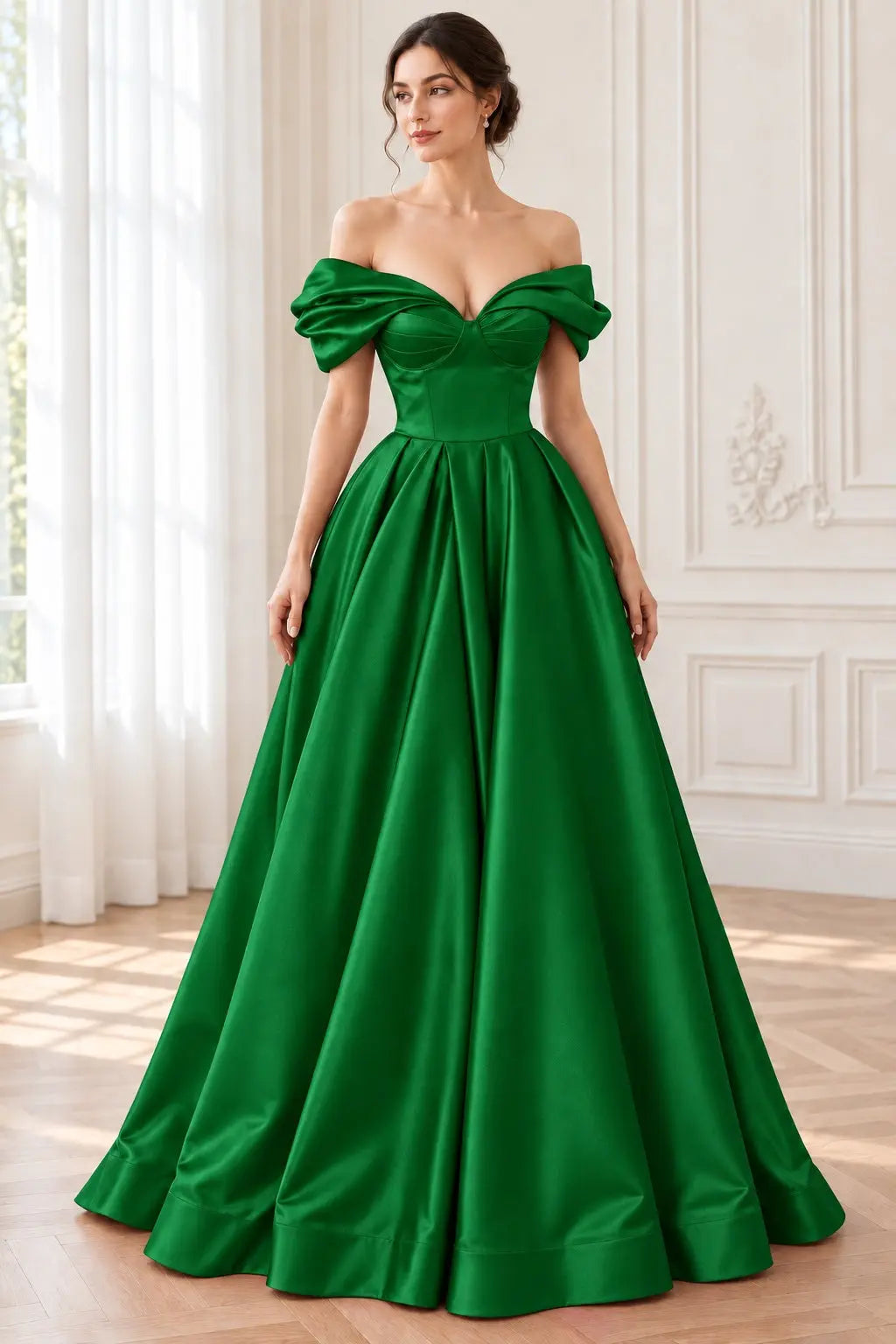 A-line Off-the-Shoulder Short Sleeve Satin Long/Floor-Length Prom Dresses With Ruffles Split