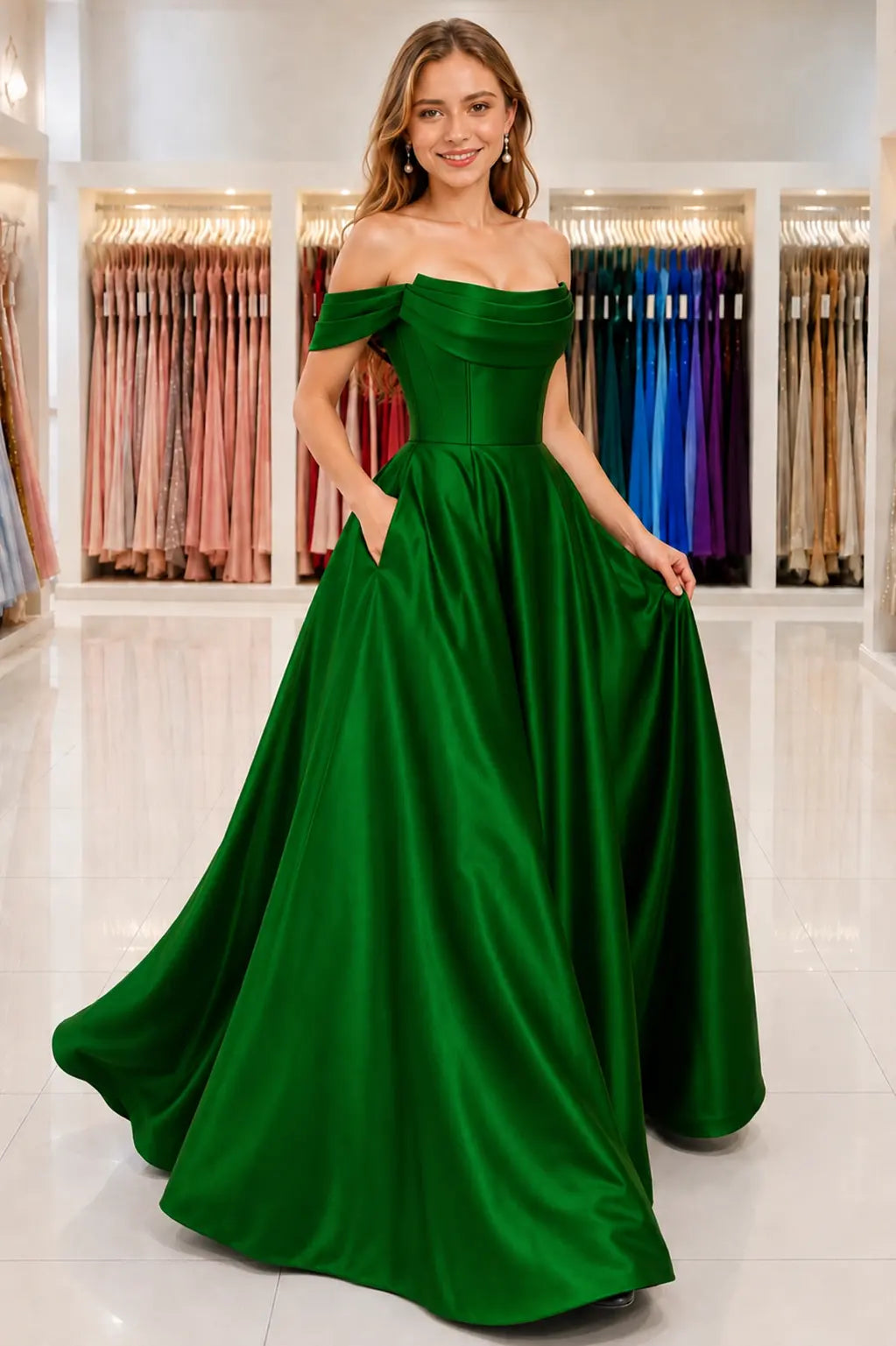 A-Line Satin Long Prom Dress, Simple Off the Shoulder Evening Party Dress With Pockets KAIDRESS