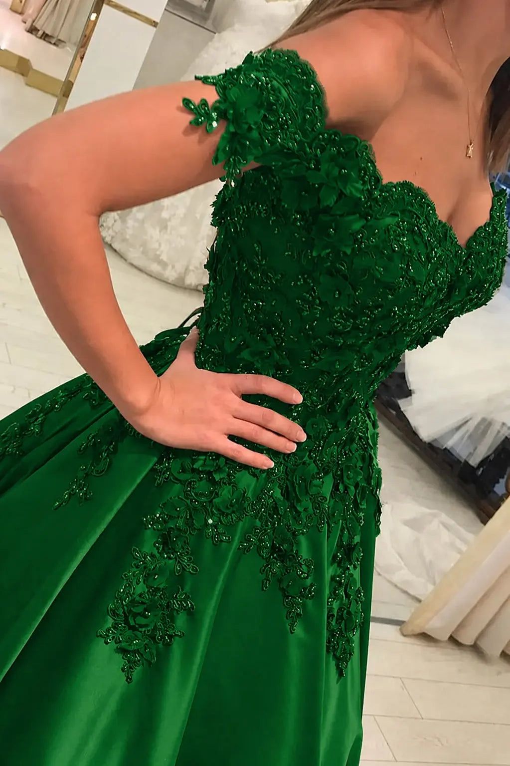 Appliqued Off-The-Shoulder Satin Princess Prom Dress With Beads