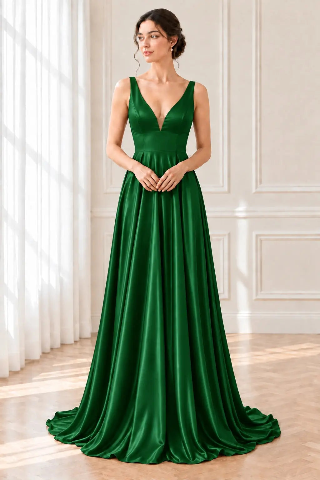 A-line/Princess V Neck Sleeveless Sweep Train Charmeuse Prom Dresses