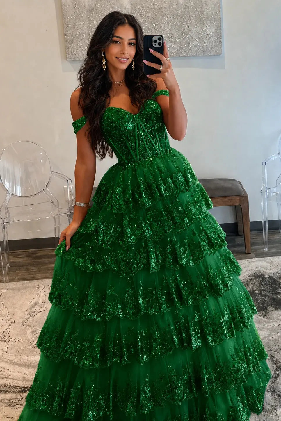 A-Line/Princess Princess Off the Shoulder Sequined Lace Prom Dress KAIDRESS
