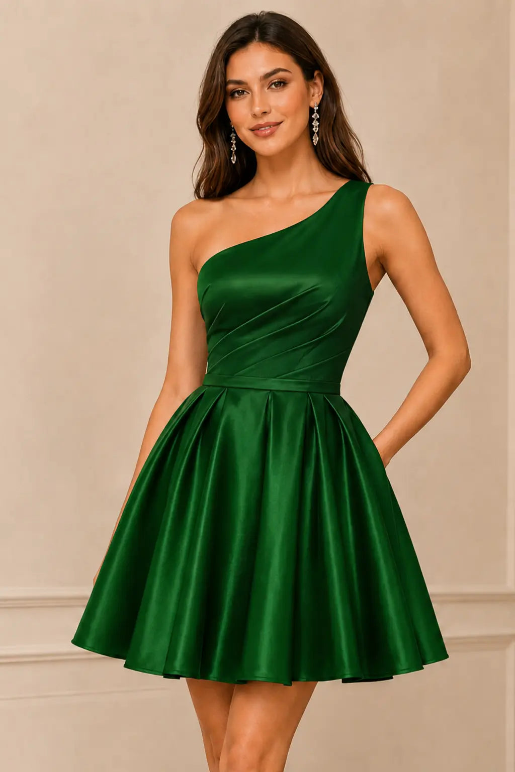 Green One Shoulder Satin Mini A Line Homecoming Dress With Pockets KAIDRESS