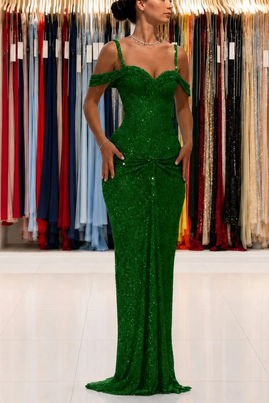 Luxury Sparkly Lace Off-Shoulder Long Beaded Prom Gown with Slender Straps KAIDRESS