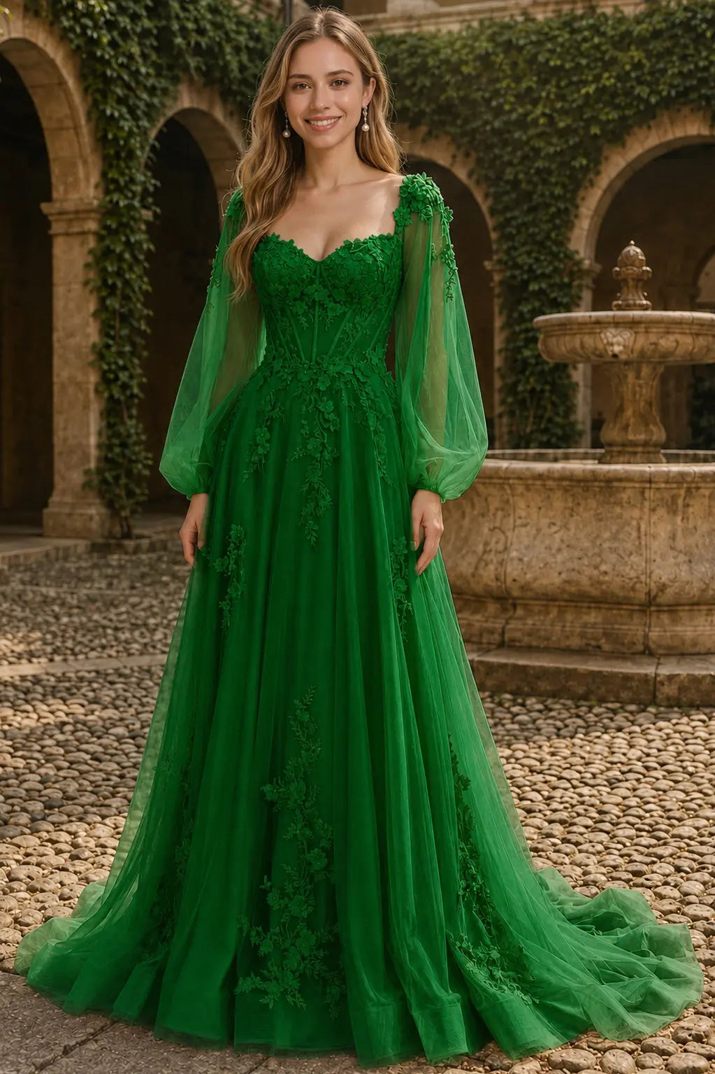 A-line 3D Floral Lace Applique Tulle Long Sleeves Prom Dress