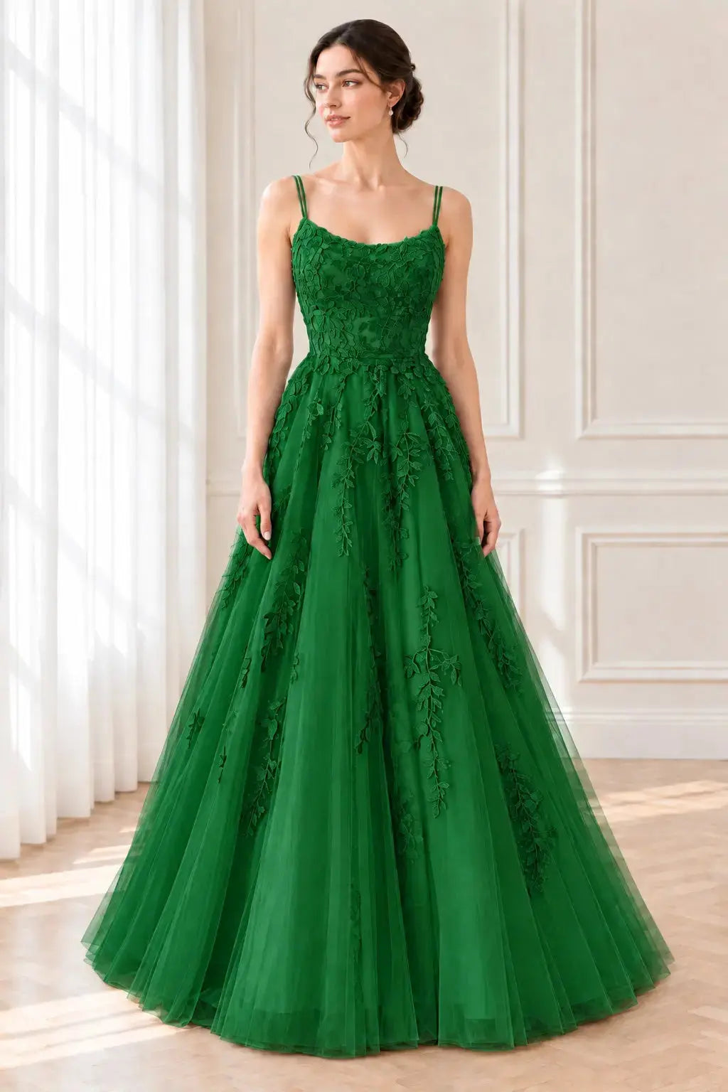 A-Line/Princess Tulle Applique Spaghetti Straps Sleeveless Floor-Length Prom Dresses KAIDRESS