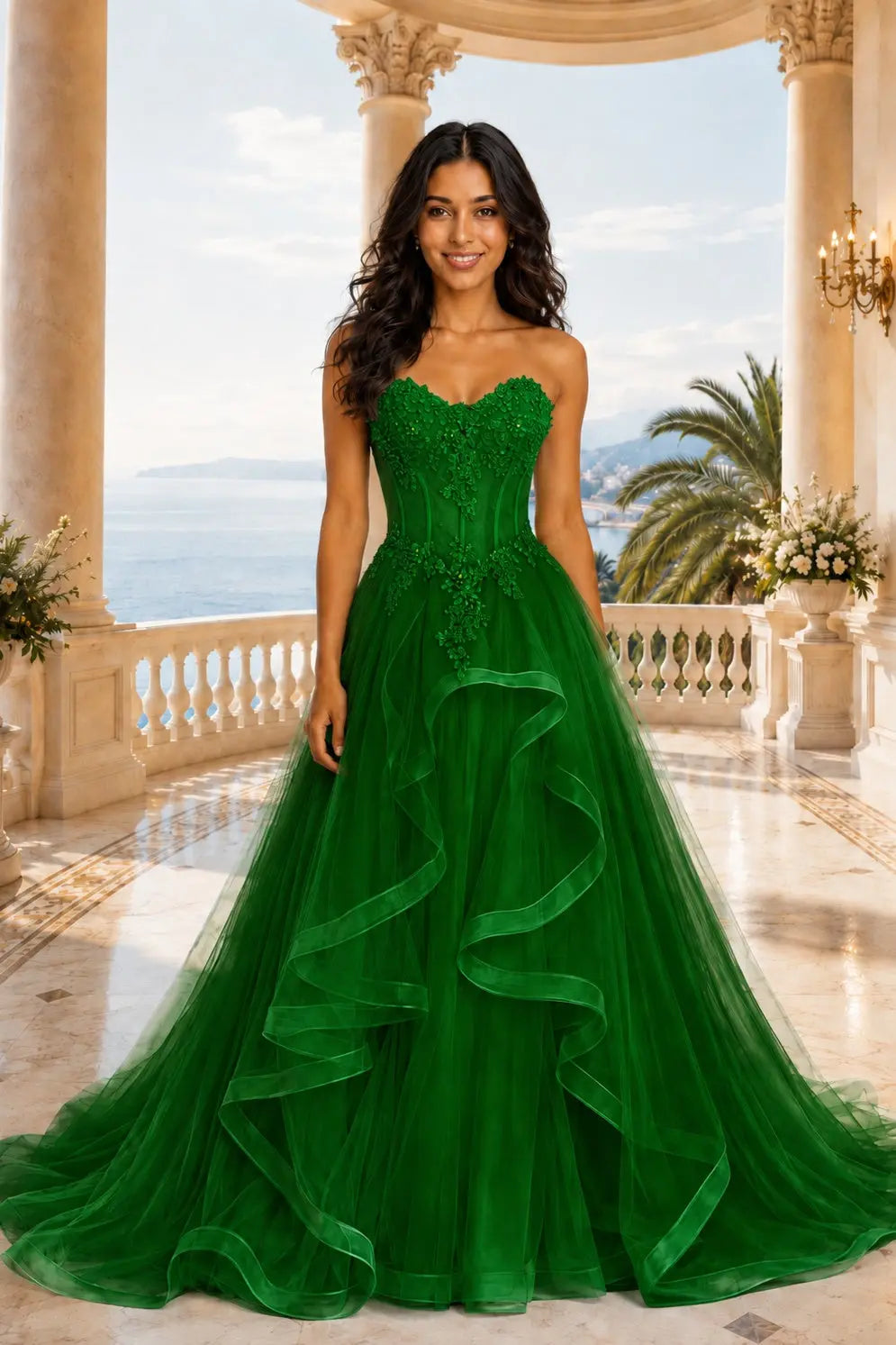 A-line/Princess Sweetheart Sleeveless Sweep Train Tulle Prom Dresses With Beading Appliqued KAIDRESS