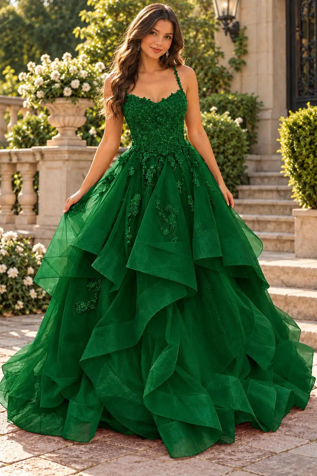 A-line Princess V Neck Floor-Length Tulle Prom Dresses with Appliqued