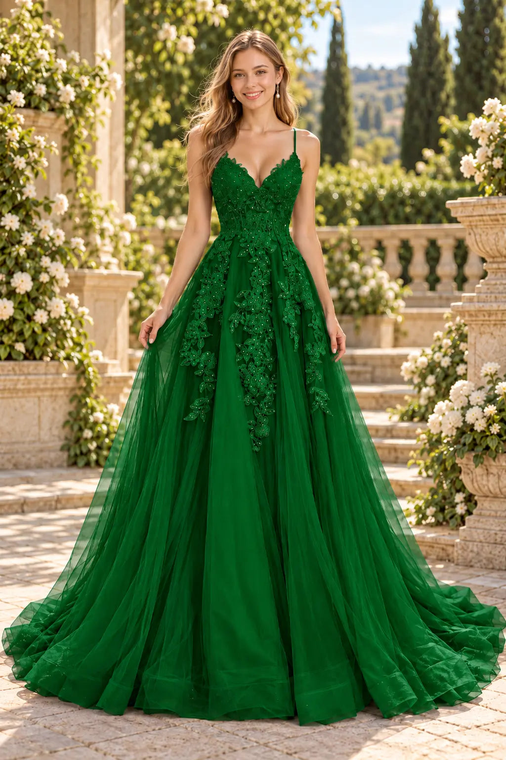 A-line V Neck Spaghetti Straps Sweep Train Tulle Prom Dress With Appliqued