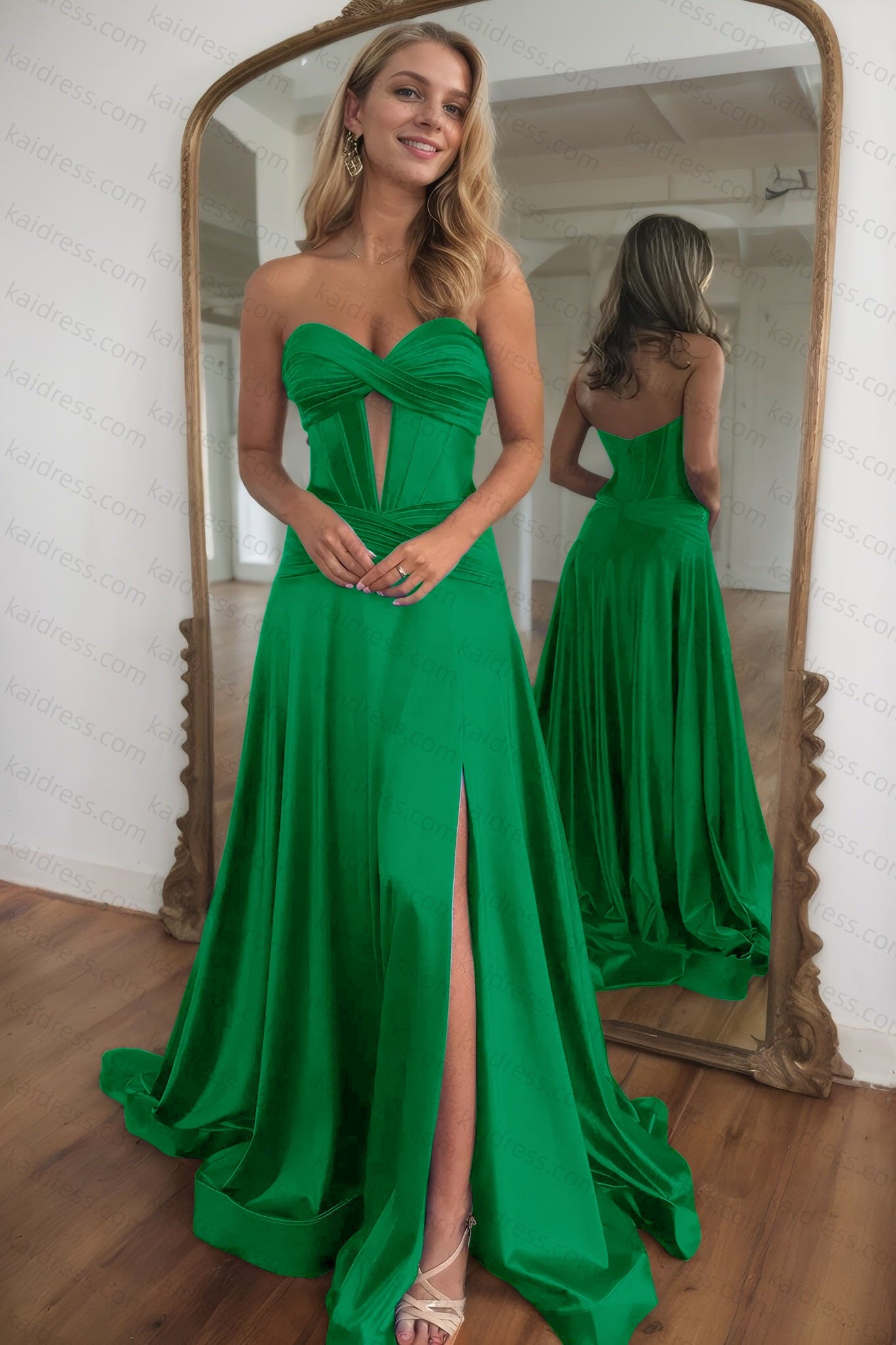 A-line Strapless Silk Long Blue Prom Dresses Elegant Evening Dress