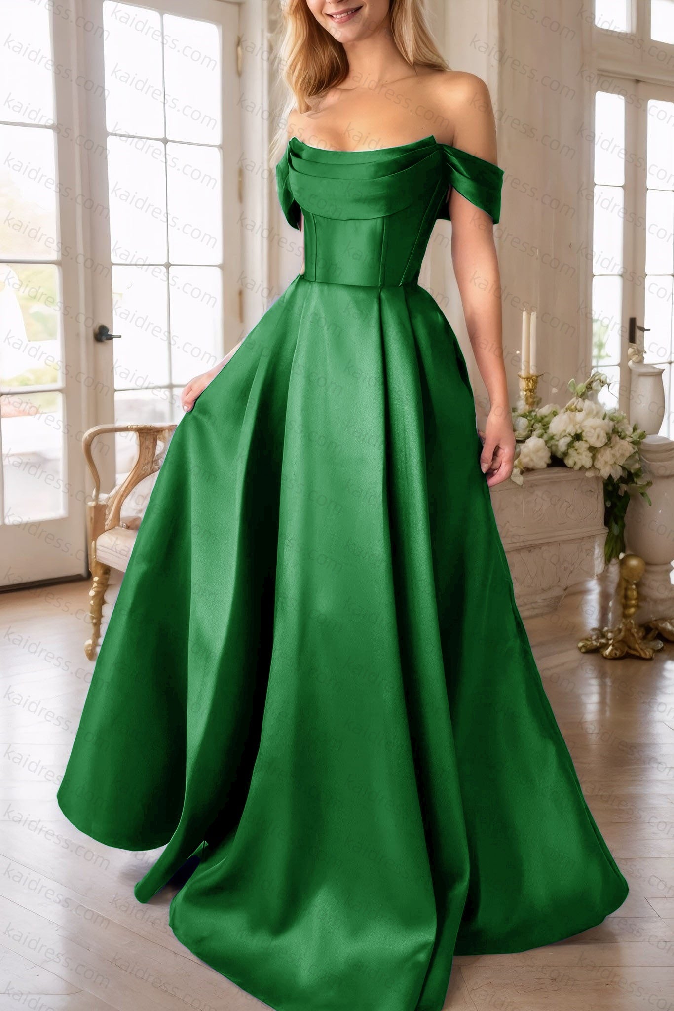 A-Line Satin Long Prom Dress, Simple Off the Shoulder Evening Party Dress With Pockets