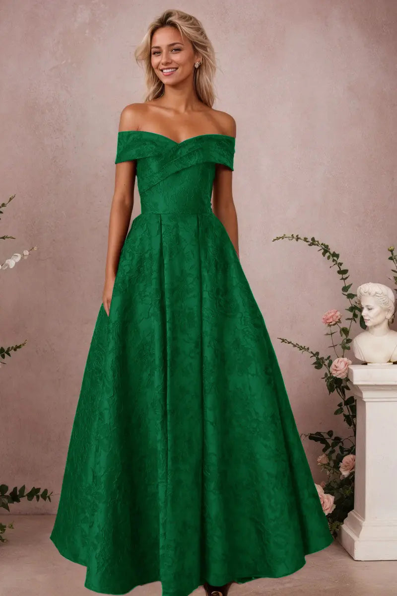 A-Line Off Shoulder Satin Burgundy Long Prom Dress Floral Jacquard Formal Ball Gowns - KAIDRESS