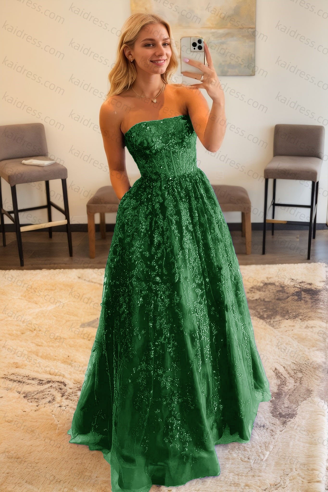A-line Bateau Strapless Long/Floor-Length Lace Prom Dresses With Pockets Special Occasion Dresses