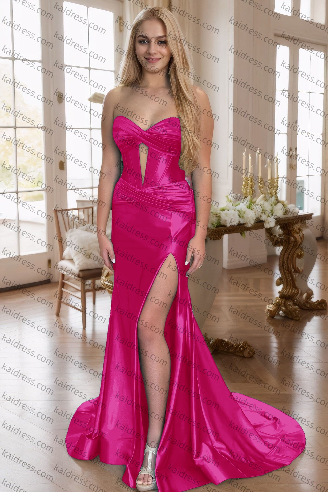 Green Silk Strapless Mermaid Prom Dresses Long Formal Evening Gown with Slit