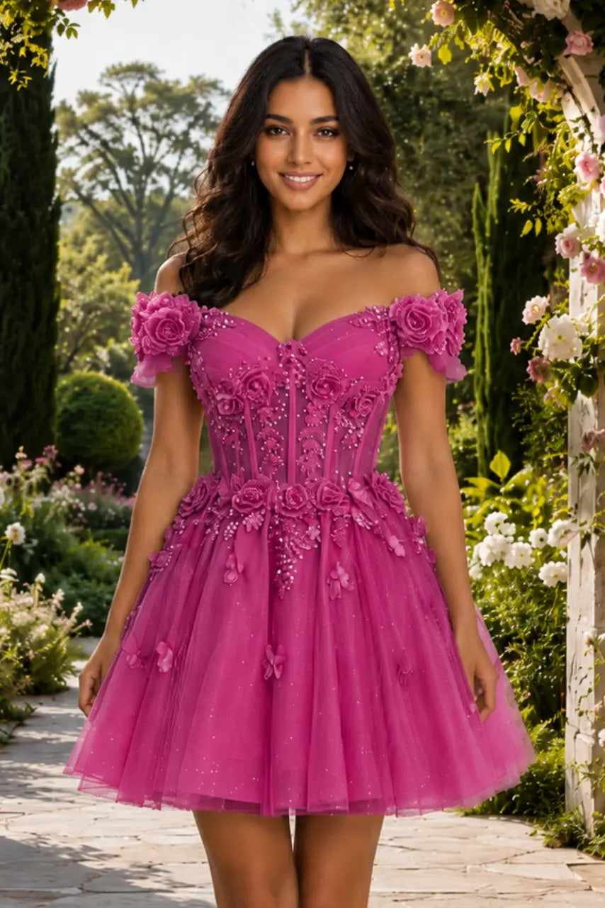 A-line Off-the-Shoulder Tulle Short/Mini Homecoming Dress with Appliqued Flowers Sequins KAIDRESS