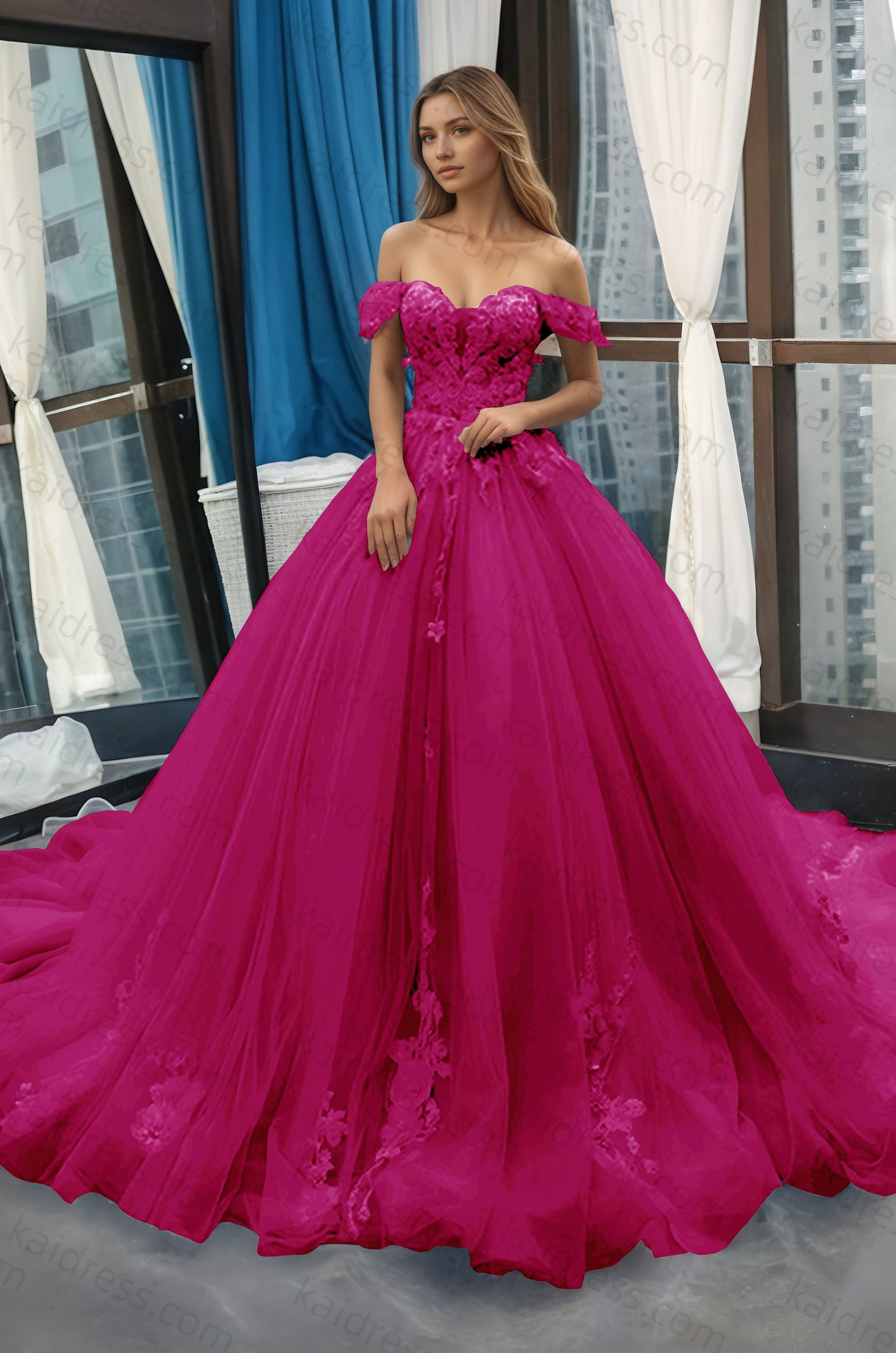 A-Line Off the Shoulder Tulle Applique Long Quinceañera Dresses Blue Formal Prom Dress