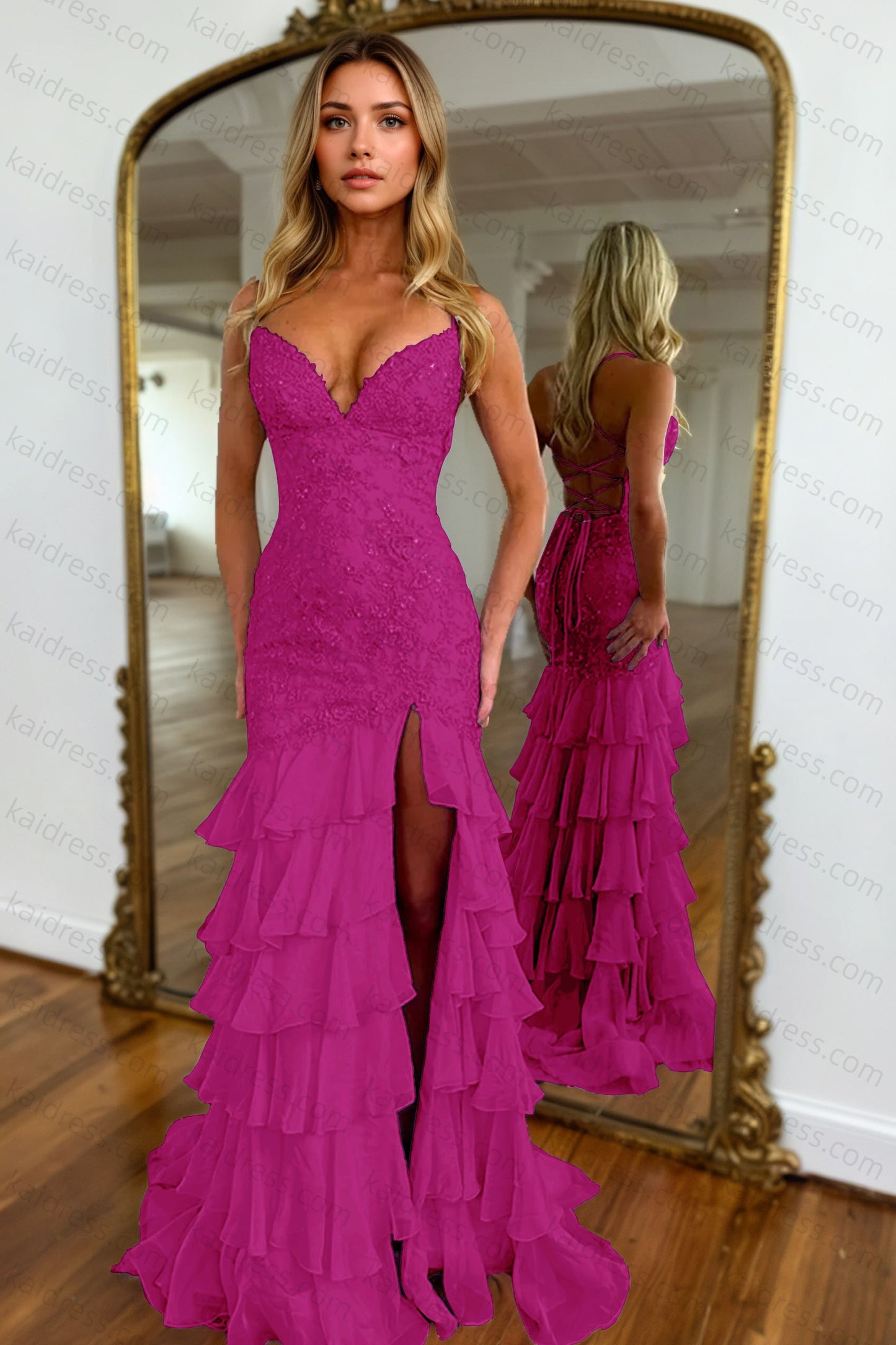 Mermaid Sparkly Lilac Lace Appliques Sheath Tiered Long Chiffon Prom Dress with Slit